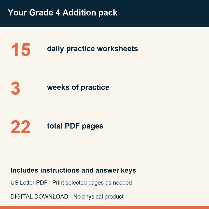 Actual preview from 4th Grade Addition Fluency Worksheets | 3 Weeks No Prep Printable Practice