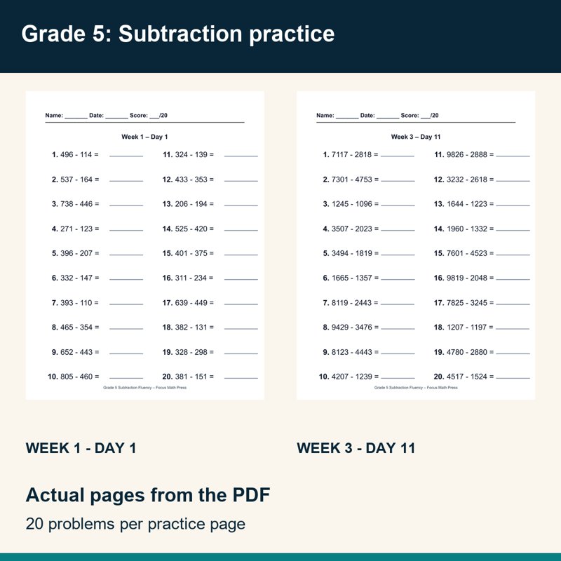 Actual preview from 5th Grade Subtraction Fluency Worksheets | 3 Weeks No Prep Printable Practice