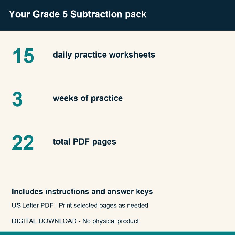Actual preview from 5th Grade Subtraction Fluency Worksheets | 3 Weeks No Prep Printable Practice