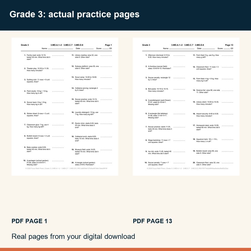 Actual preview from 3rd Grade Measurement: Time, Area & Perimeter Worksheets | Answer Keys