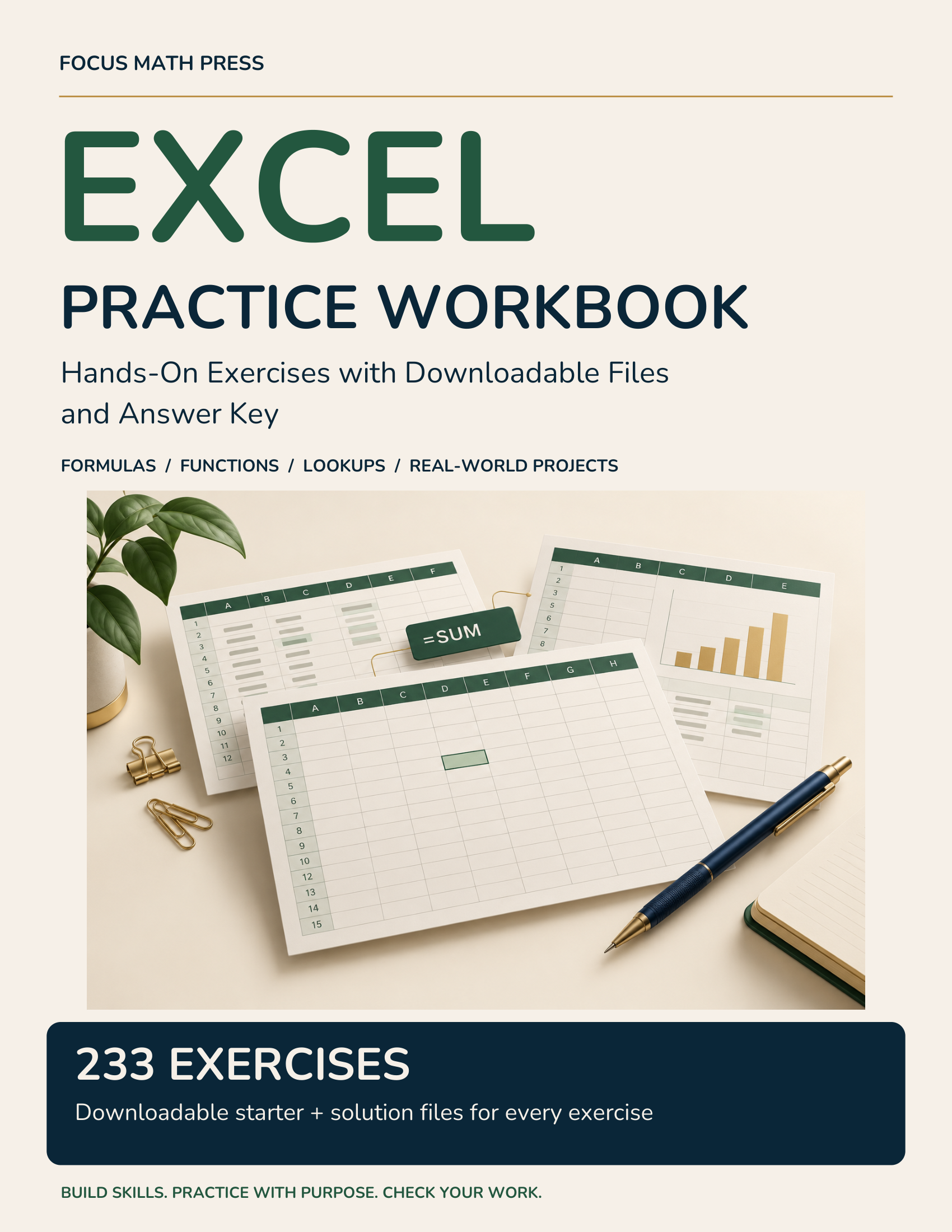Excel Practice Workbook cover: 233 exercises and downloadable starter and solution files